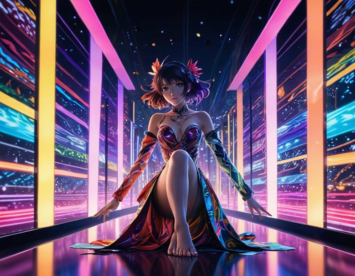 A surreal blend of an anime character gracefully transitioning into a glamorous film scene, surrounded by soft, glowing lights and dynamic poses. The background features a fusion of colorful abstract patterns symbolizing the diversity of erotic genres. Incorporate elements like film reels and digital screens to enhance the theme of media evolution. The overall mood should be enticing yet artistic, with a focus on playful elegance. vibrant colors. super-realistic.