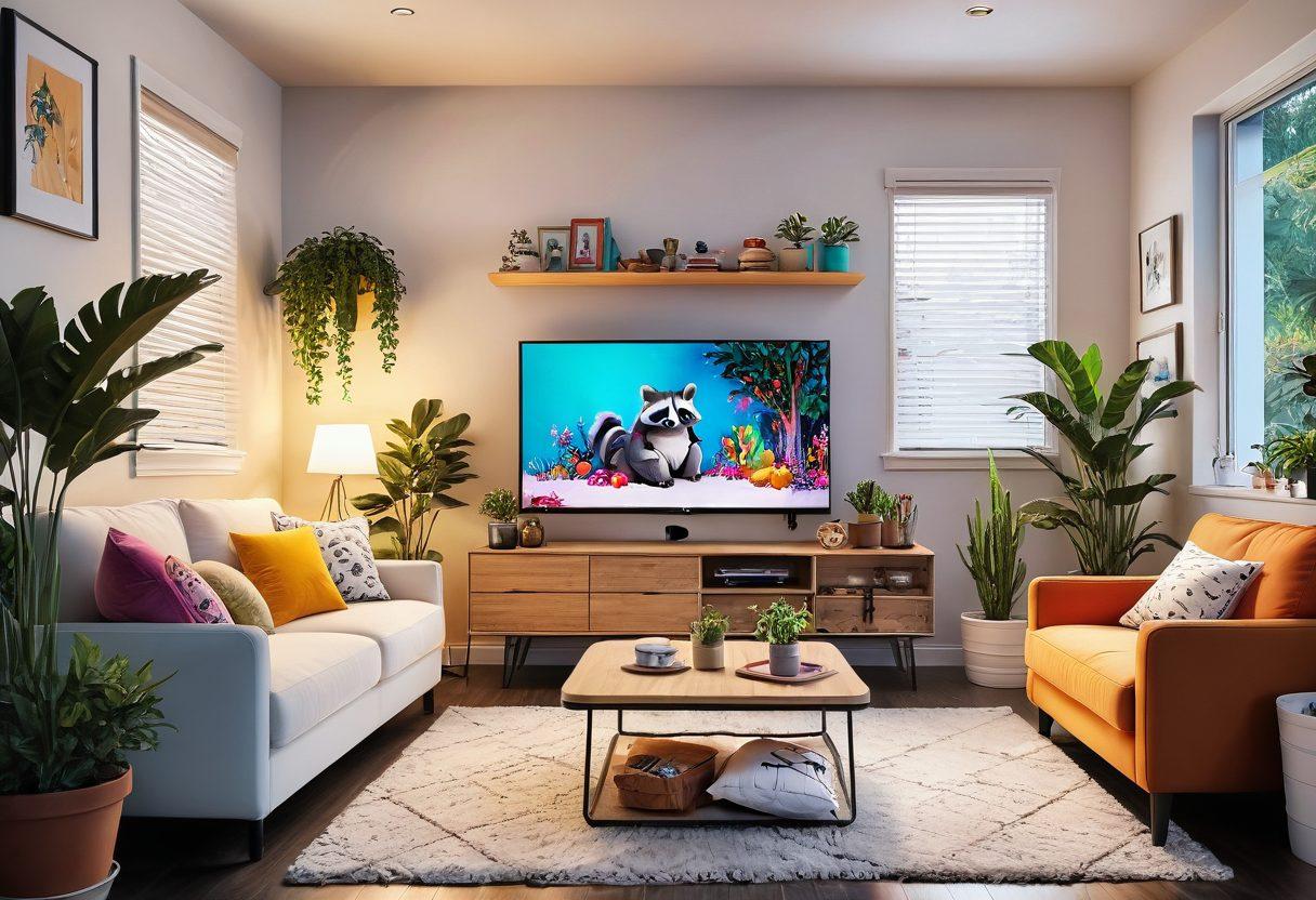 A vibrant and playful illustration capturing a cozy living room scene with a large screen showcasing colorful adult animation and hentai clips. Include soft couches, snacks scattered around, and a surprised raccoon peering from behind a potted plant, adding a whimsical touch. The lighting should be warm, inviting, and enhancing the atmosphere of enjoyable relaxation. super-realistic. vibrant colors. white background.